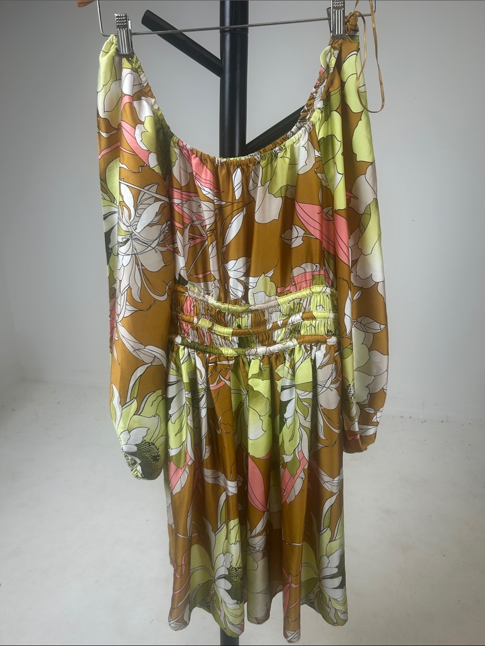 Long Sleeve Floral Midi Dress in Mustard and Lime